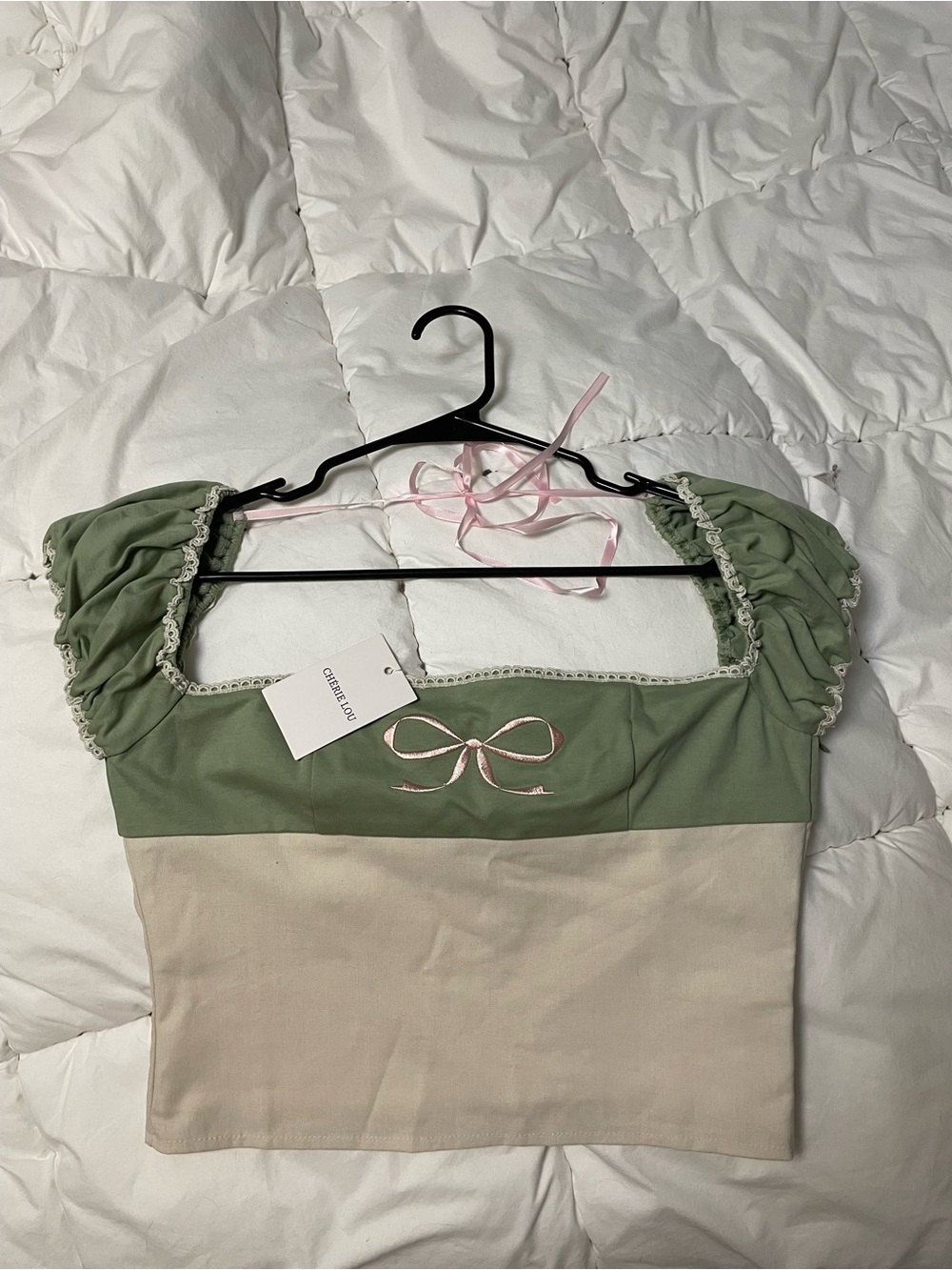 Sage Green & Cream Lace-Trim Cropped Top with Pink Bow